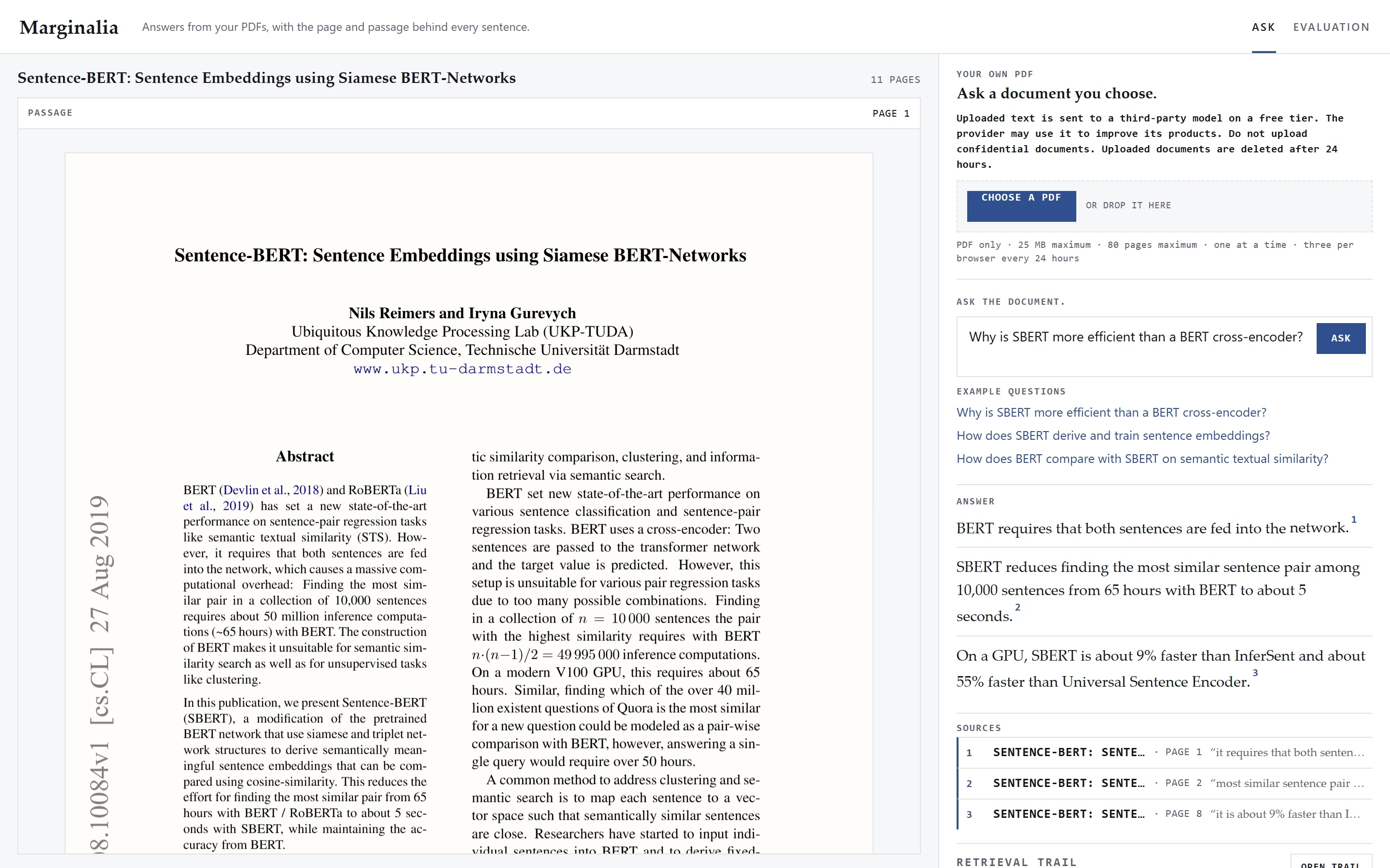 Marginalia Ask page: the Sentence-BERT paper on the left; the right column carries the third-party model disclosure, the Choose a PDF drop zone, the 24-hour deletion notice, the question field and a three-claim recorded answer.