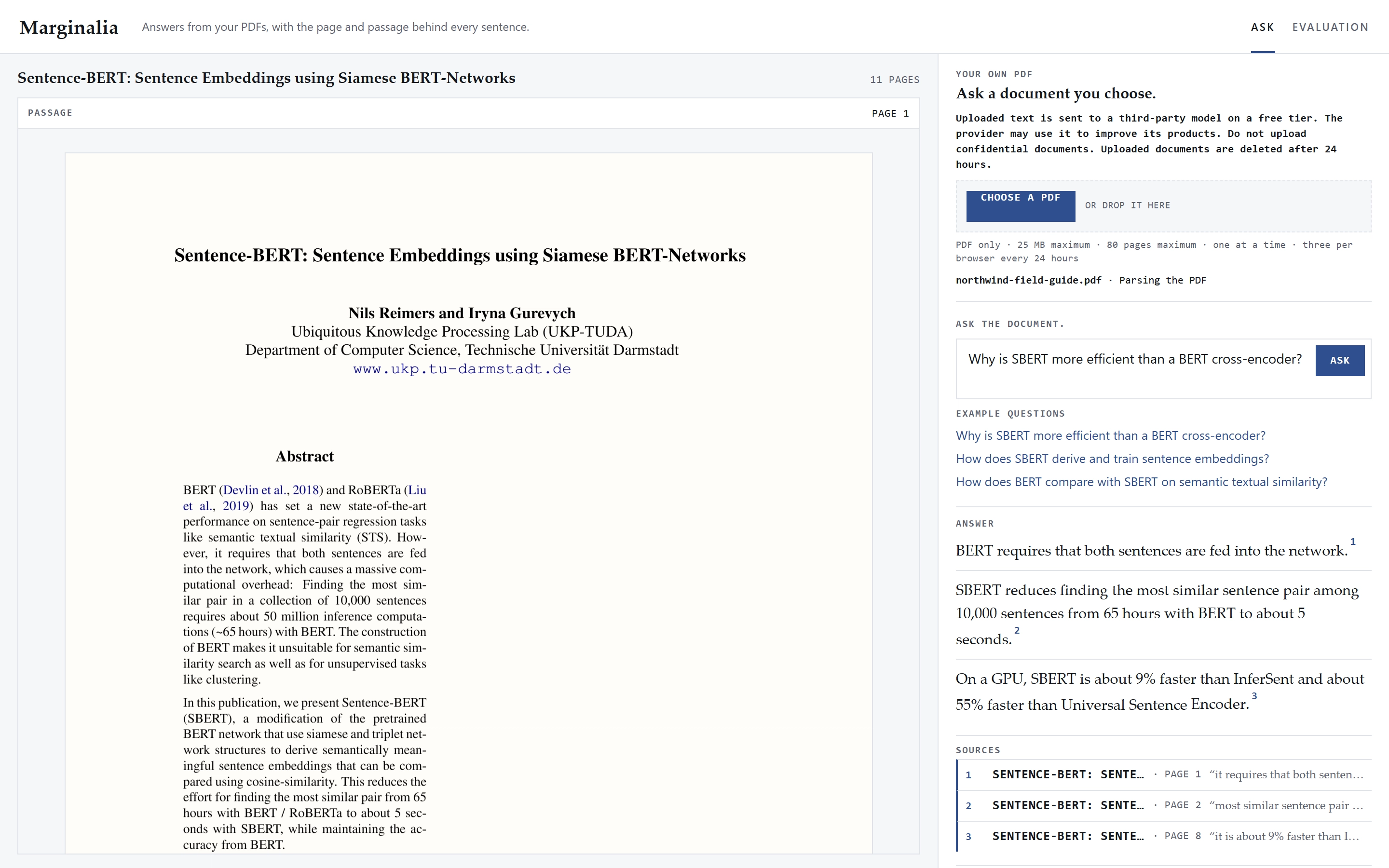 Visitor upload panel: northwind-field-guide.pdf with the stage line reading Parsing the PDF, beneath the disclosure, the drop zone and the 25 MB and 80-page limits.