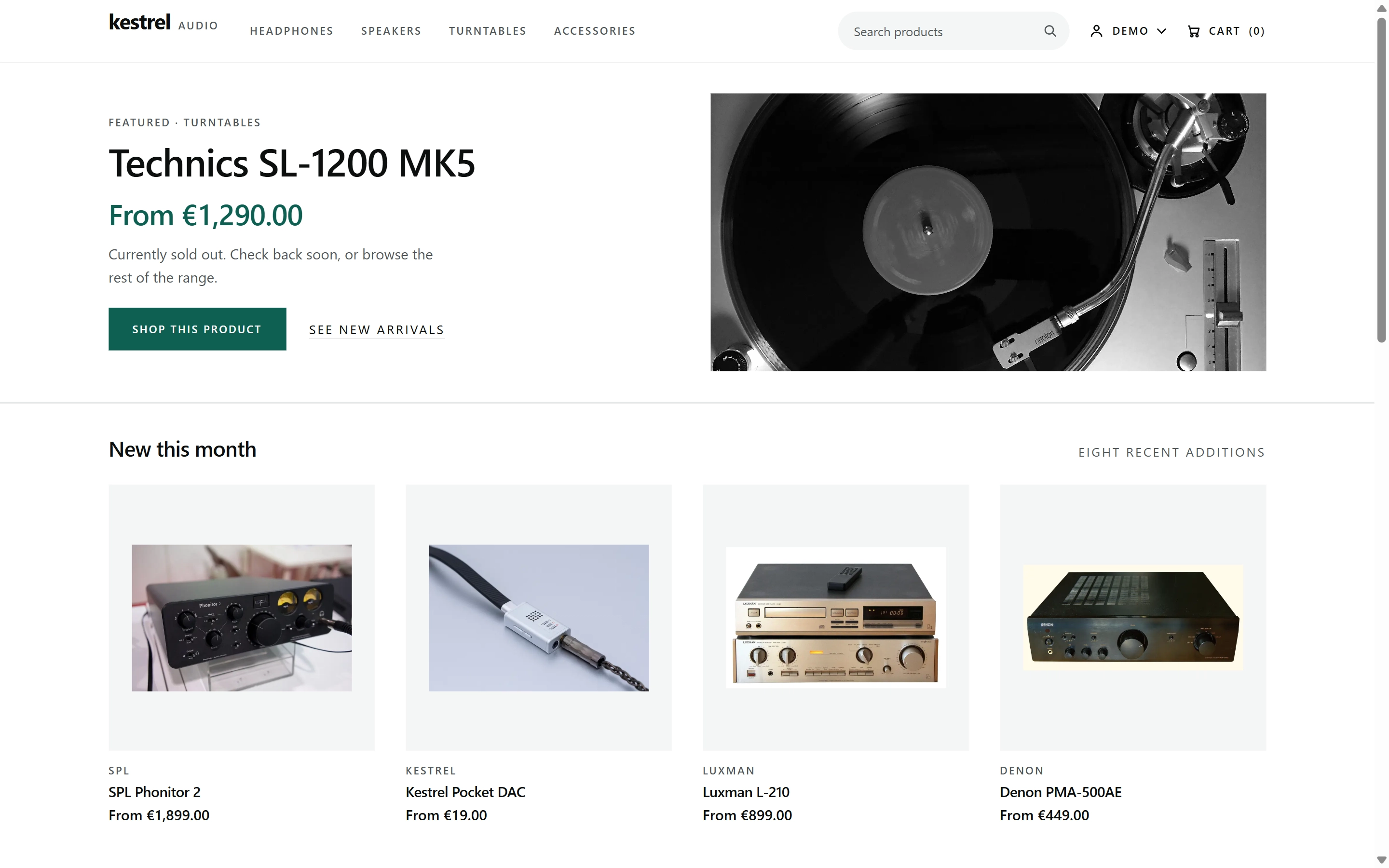 Store home page: the featured Technics SL-1200 MK5 panel with a currently-sold-out notice and a photograph of the turntable, above a New this month row of four from-priced tiles under the label Eight recent additions.