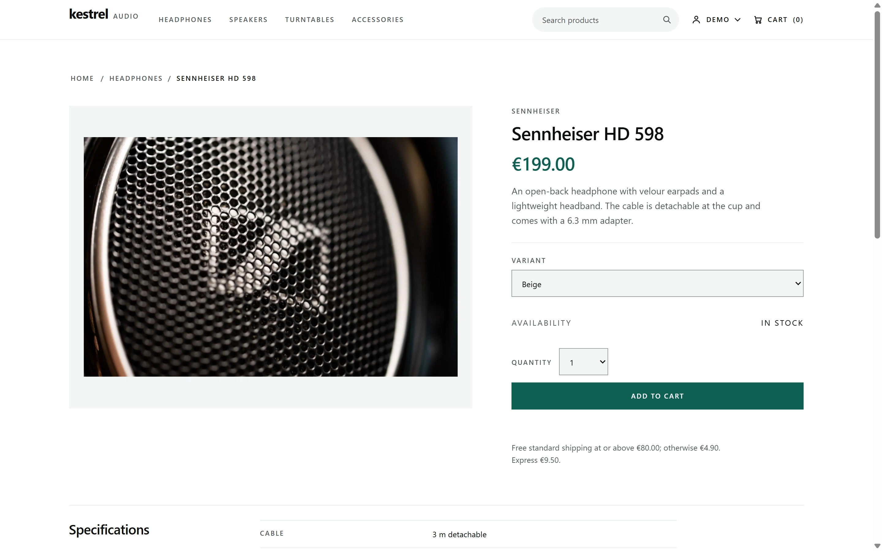 Sennheiser HD 598 product page: a headphone photograph on the left and a buy box with the 199.00 price, the Beige variant, In stock, quantity 1 and one Add to cart action on the right.