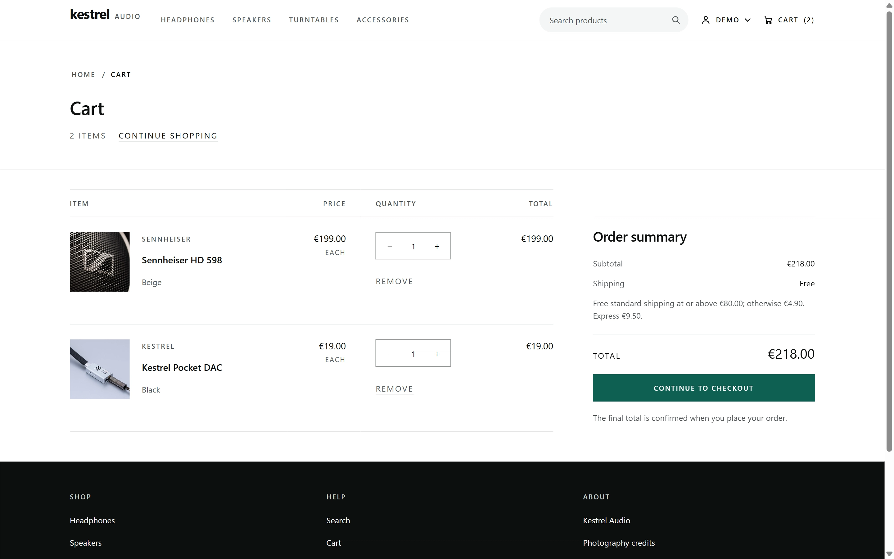 Cart with two lines at quantity 1 — Sennheiser HD 598 and Kestrel Pocket DAC — line totals, a server-computed 218.00 summary, free shipping and one Continue to checkout action.
