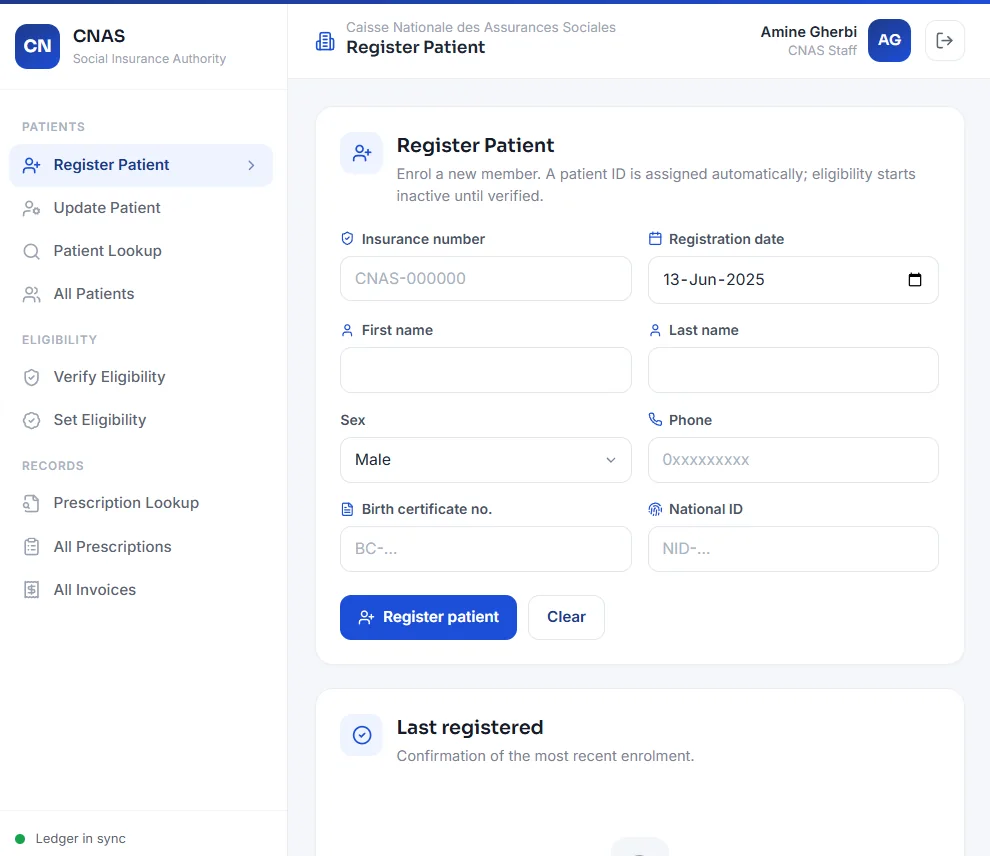 CNAS register screen with a member registration form and a ledger read.